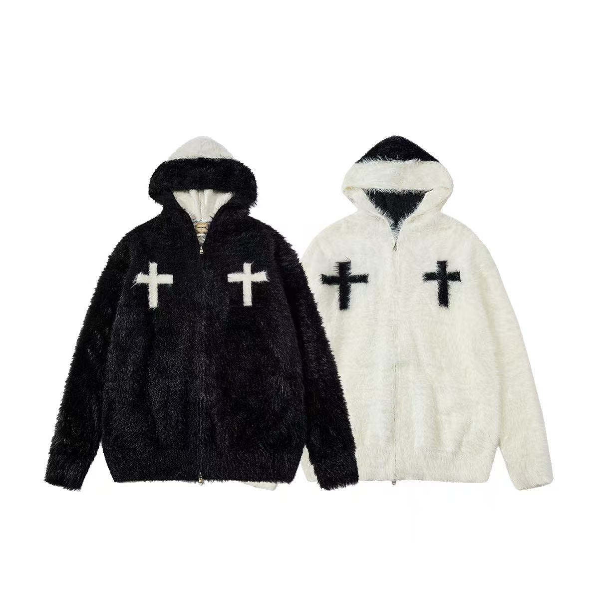 Unisex Faux Fur Contrast Cross Patch Zip Up Hooded Sweater