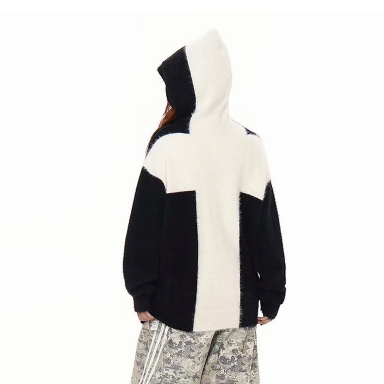 Unisex Faux Fur Contrast Cross Patch Zip Up Hooded Sweater