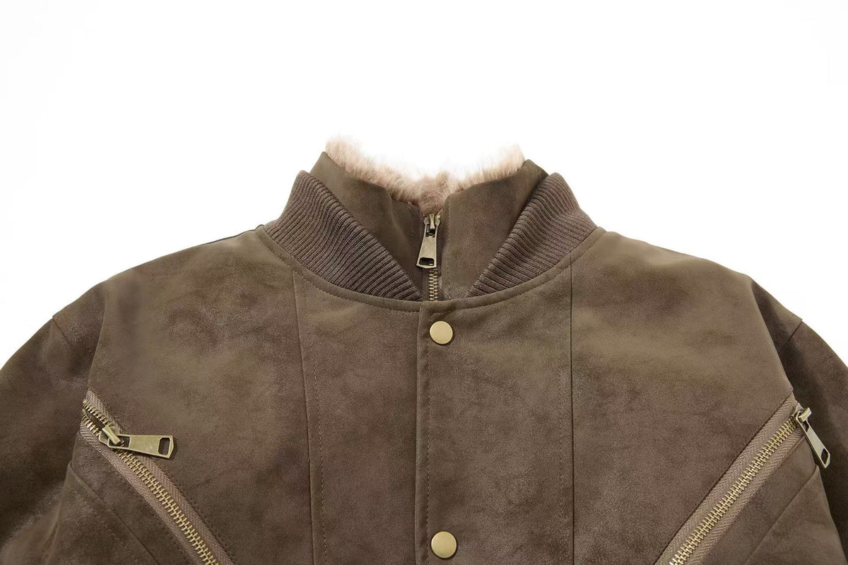 Vintage Faux Suede Furry Collar Quilted Liner Bomber Jacket