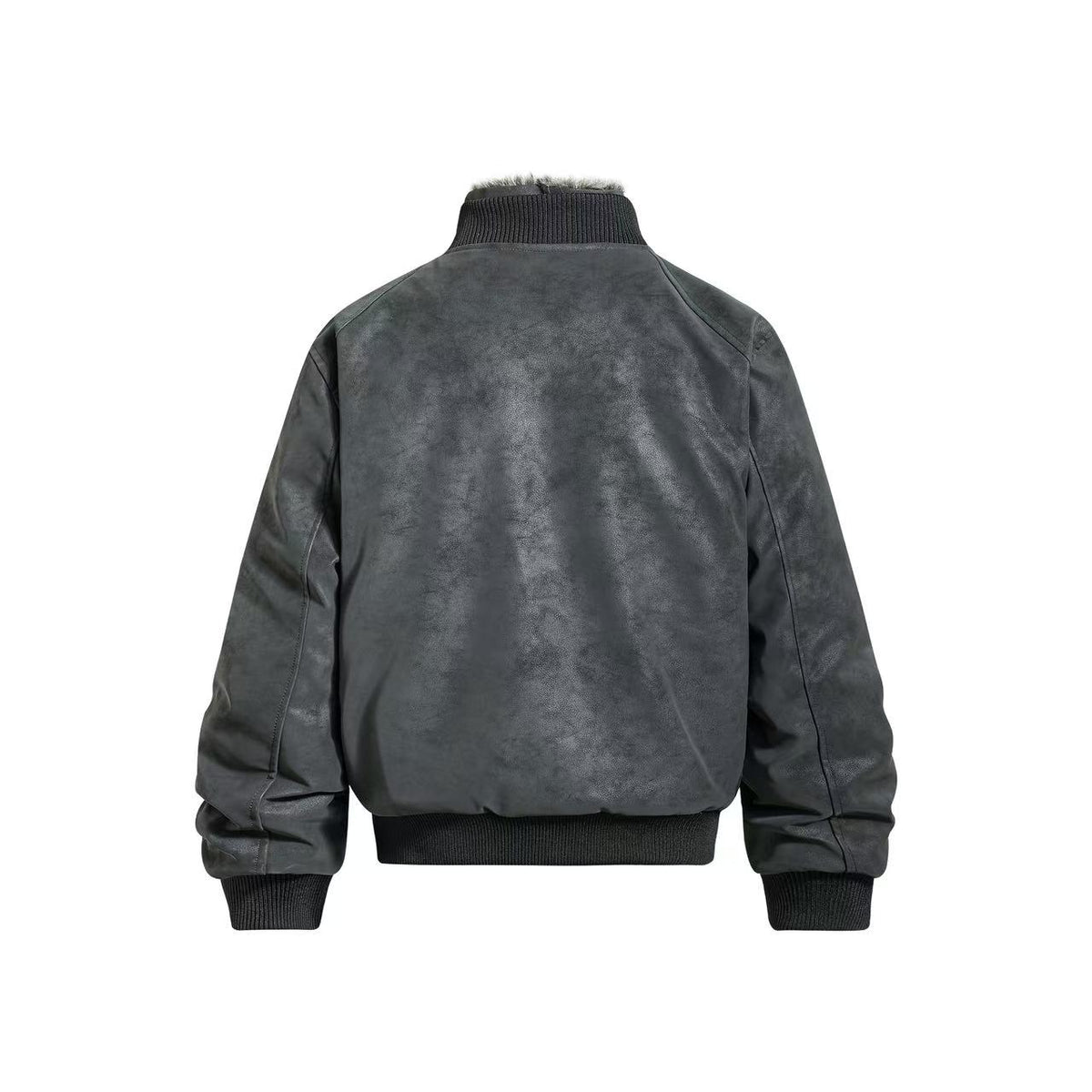 Vintage Faux Suede Furry Collar Quilted Liner Bomber Jacket