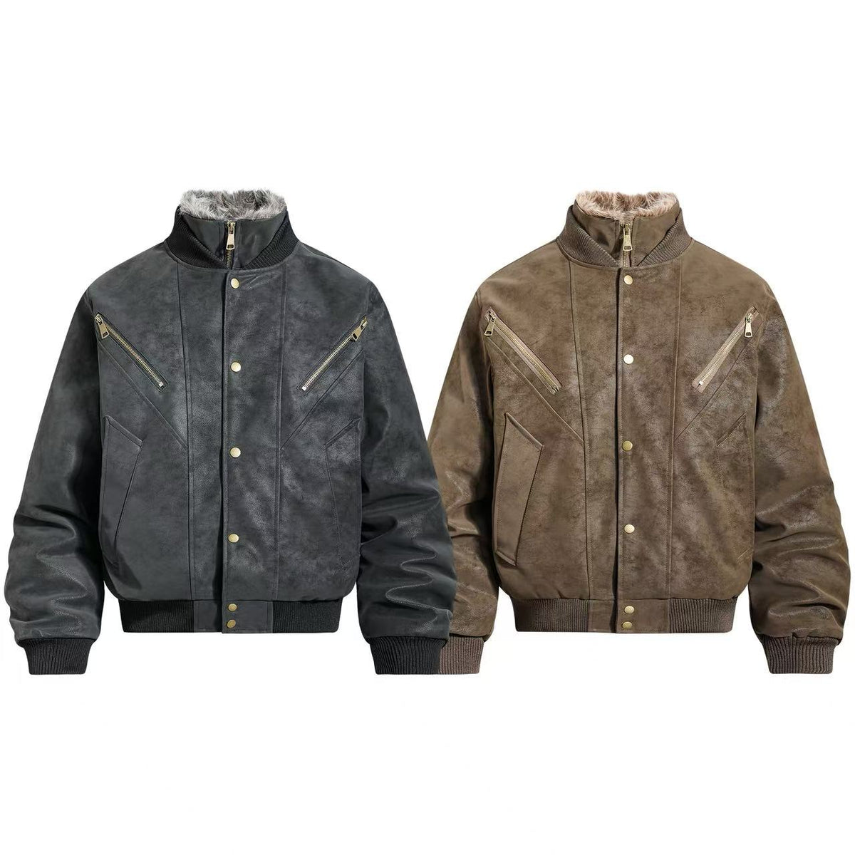 Vintage Faux Suede Furry Collar Quilted Liner Bomber Jacket