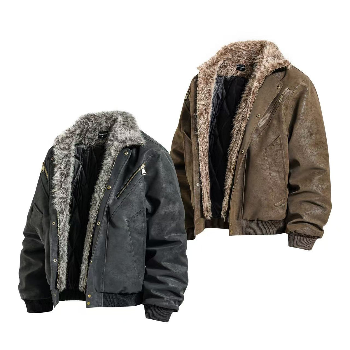 Vintage Faux Suede Furry Collar Quilted Liner Bomber Jacket