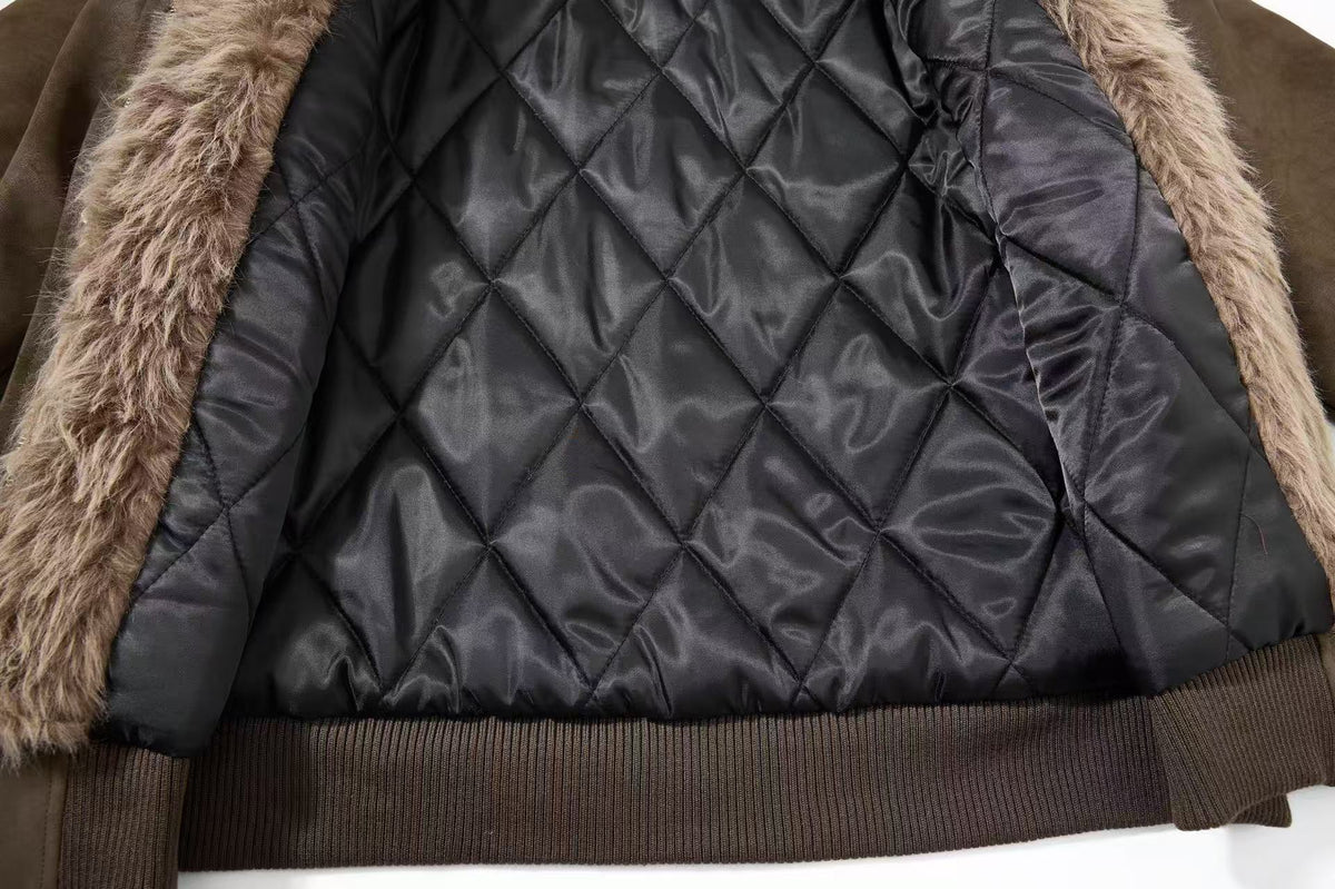 Vintage Faux Suede Furry Collar Quilted Liner Bomber Jacket