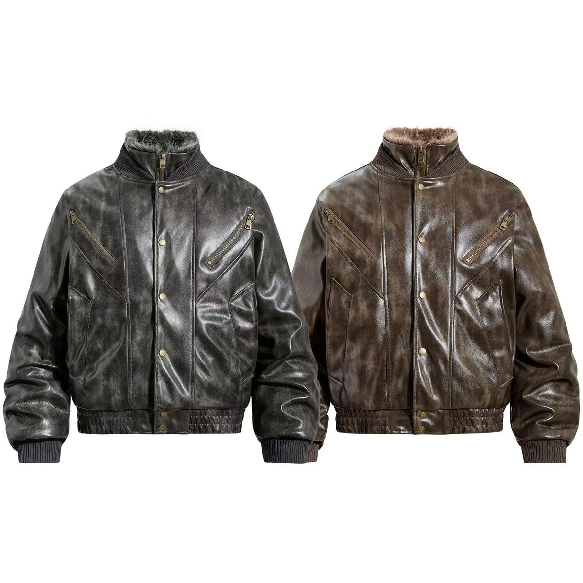 Vintage Washed Faux Leather Furry Collar Quilted Bomber Jacket