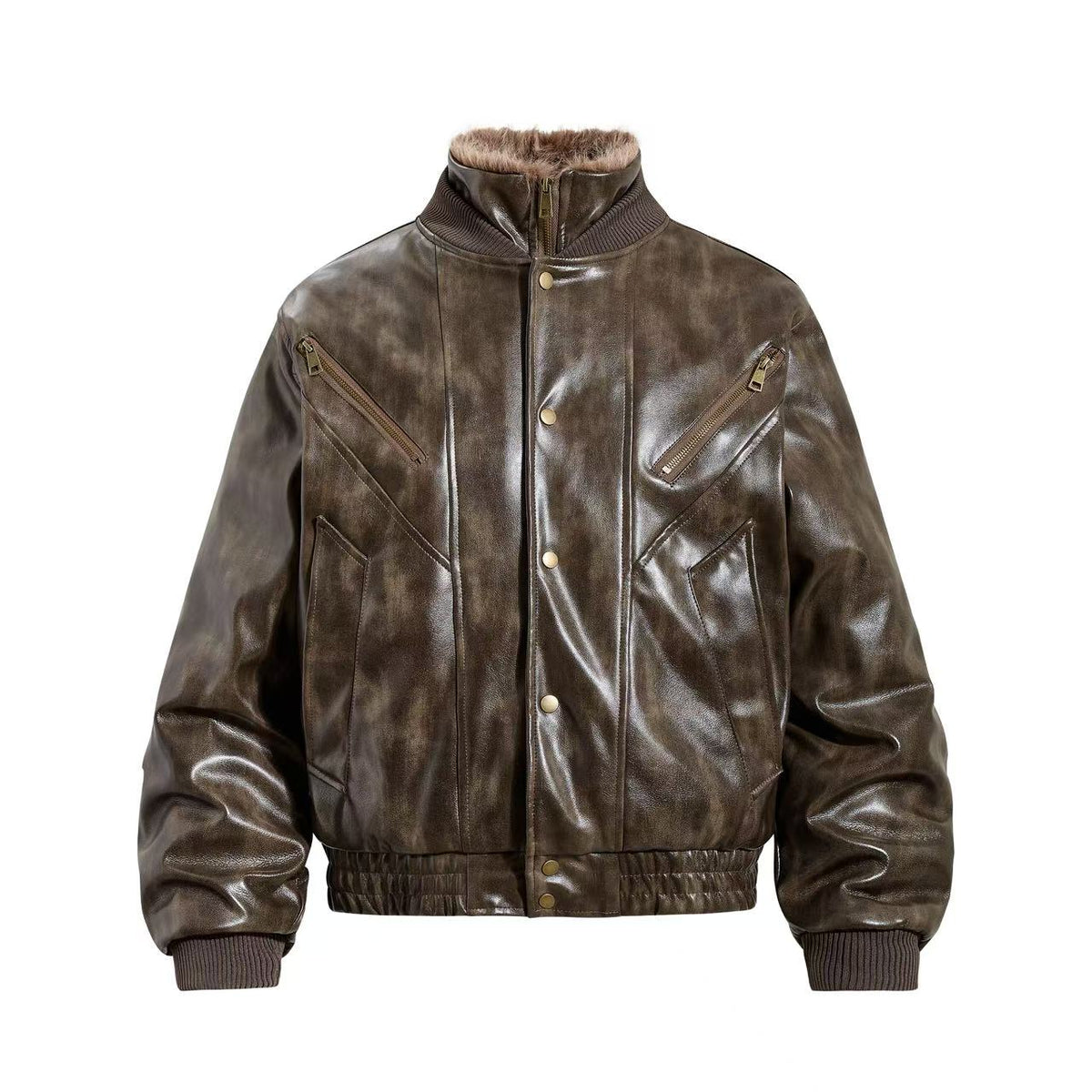 Vintage Washed Faux Leather Furry Collar Quilted Bomber Jacket