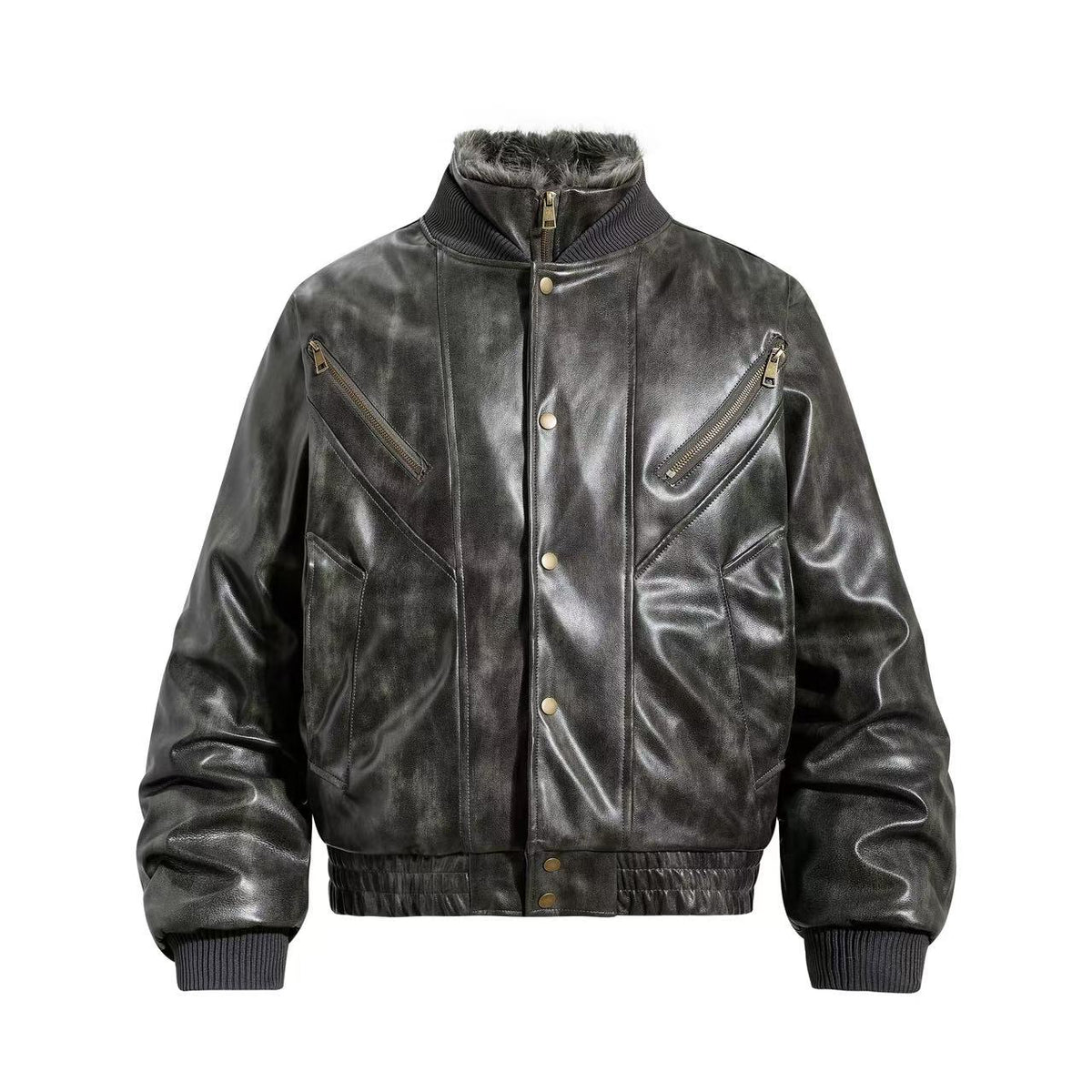 Vintage Washed Faux Leather Furry Collar Quilted Bomber Jacket