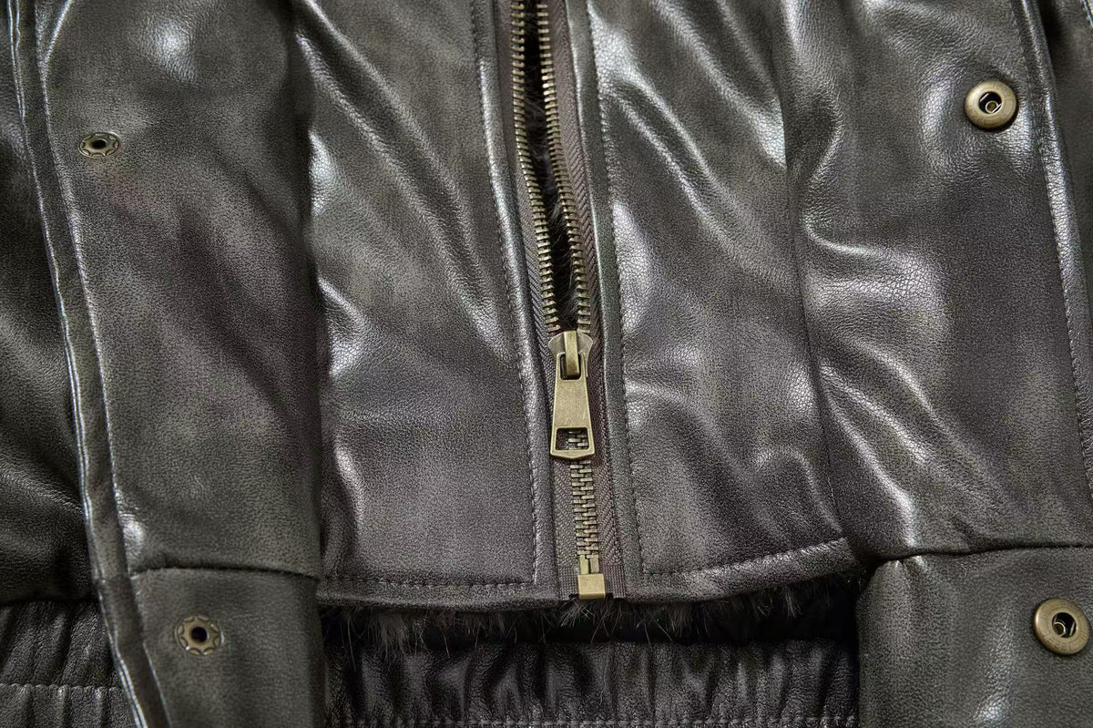 Vintage Washed Faux Leather Furry Collar Quilted Bomber Jacket