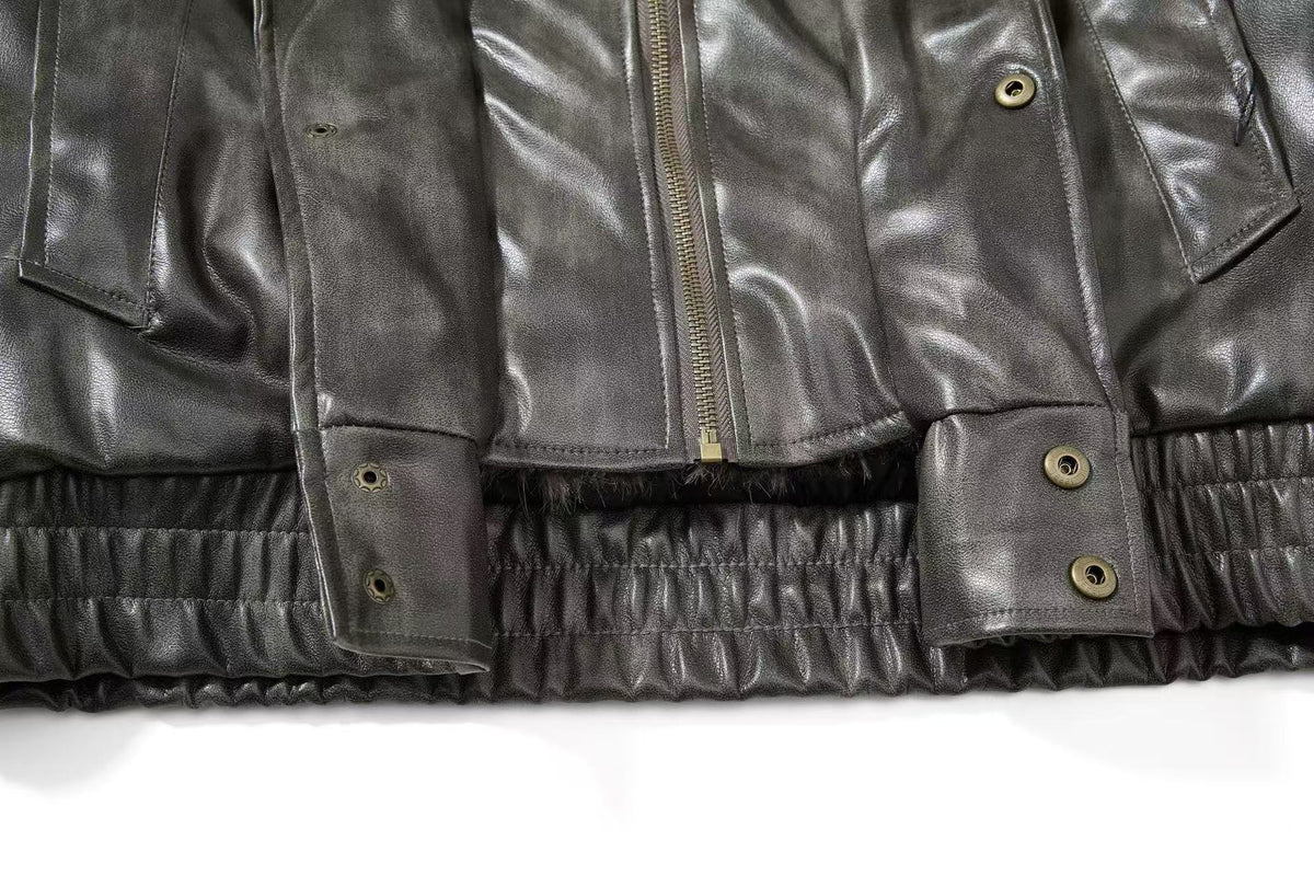 Vintage Washed Faux Leather Furry Collar Quilted Bomber Jacket