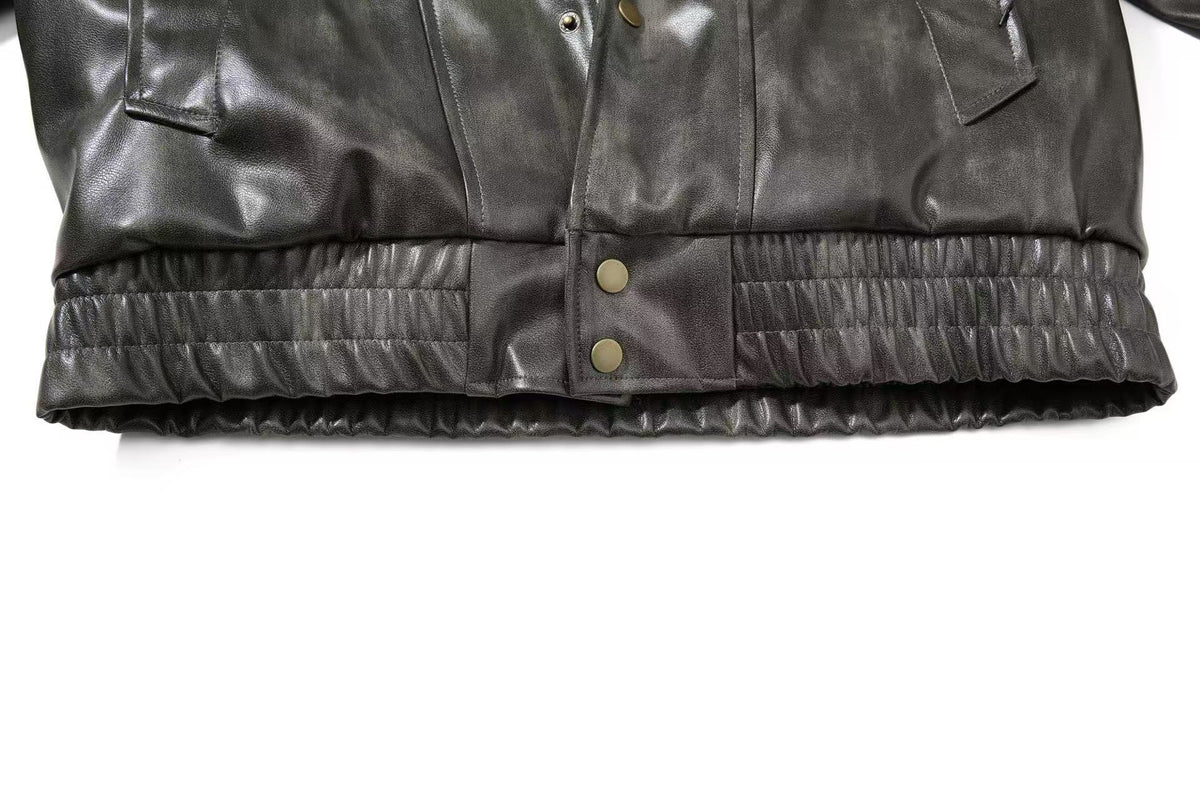 Vintage Washed Faux Leather Furry Collar Quilted Bomber Jacket