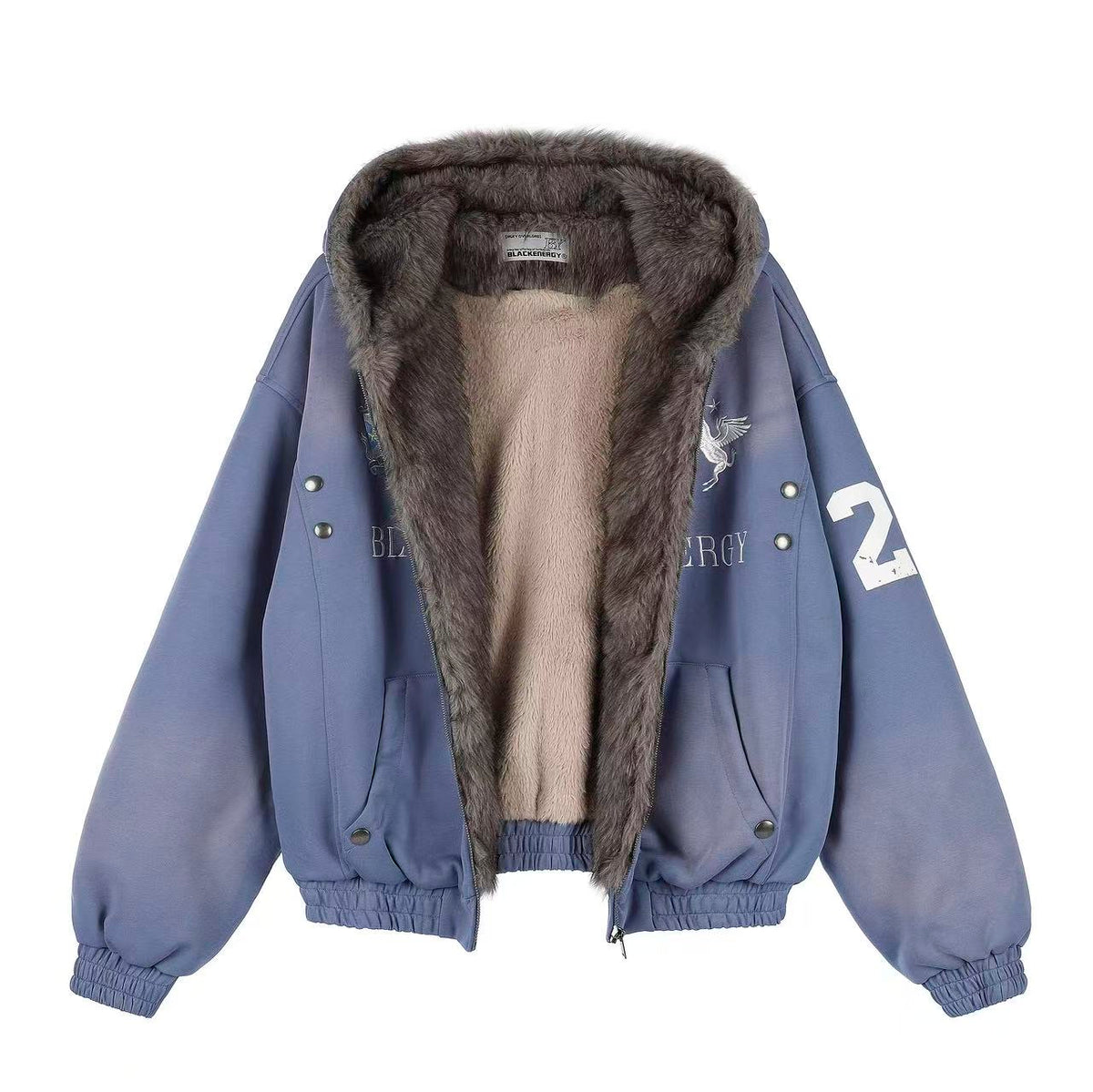 Vintage Distressed Pegasus Graphic Faux Fur Lined Zip Up Hooded Jacket