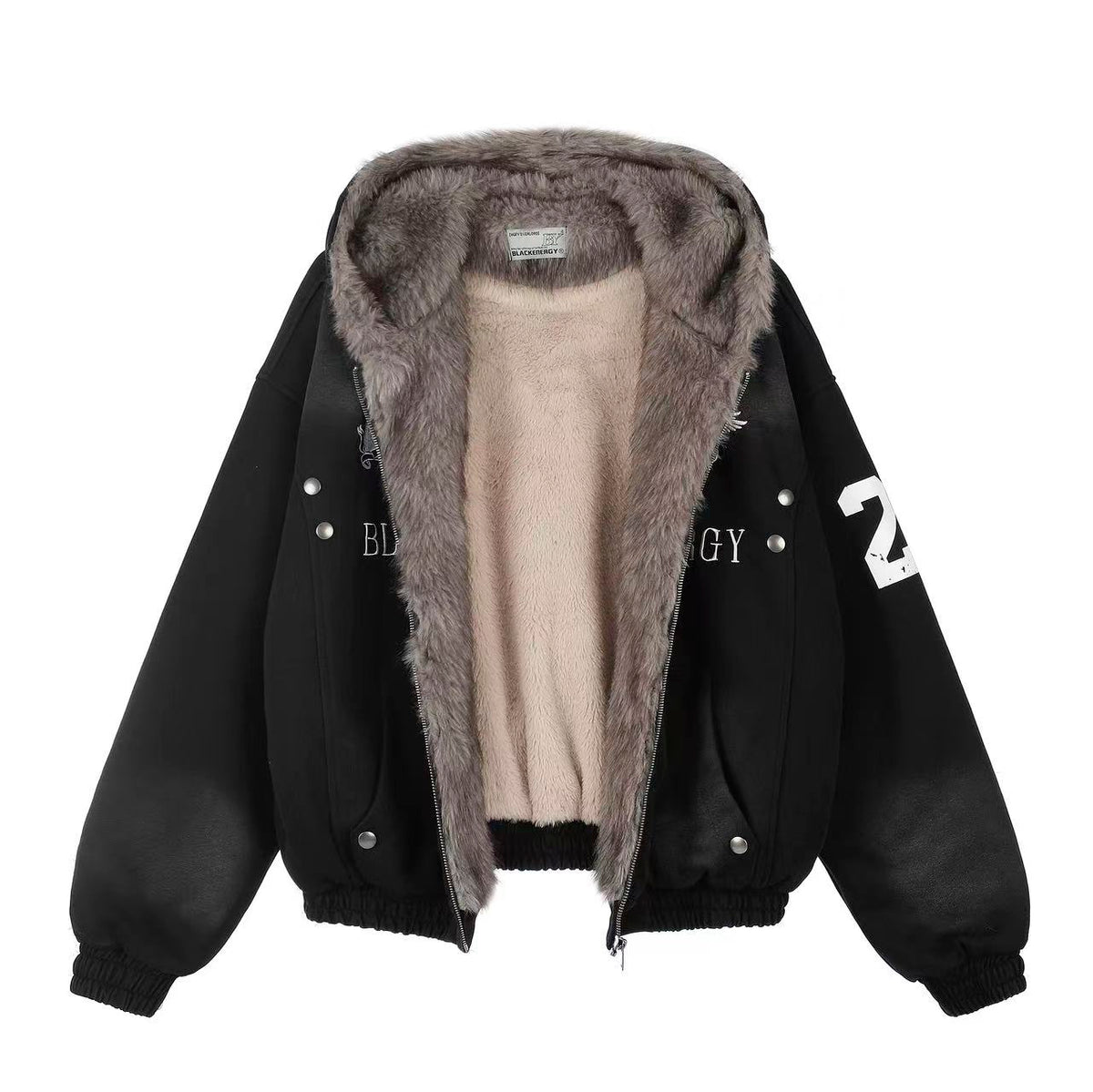 Vintage Distressed Pegasus Graphic Faux Fur Lined Zip Up Hooded Jacket