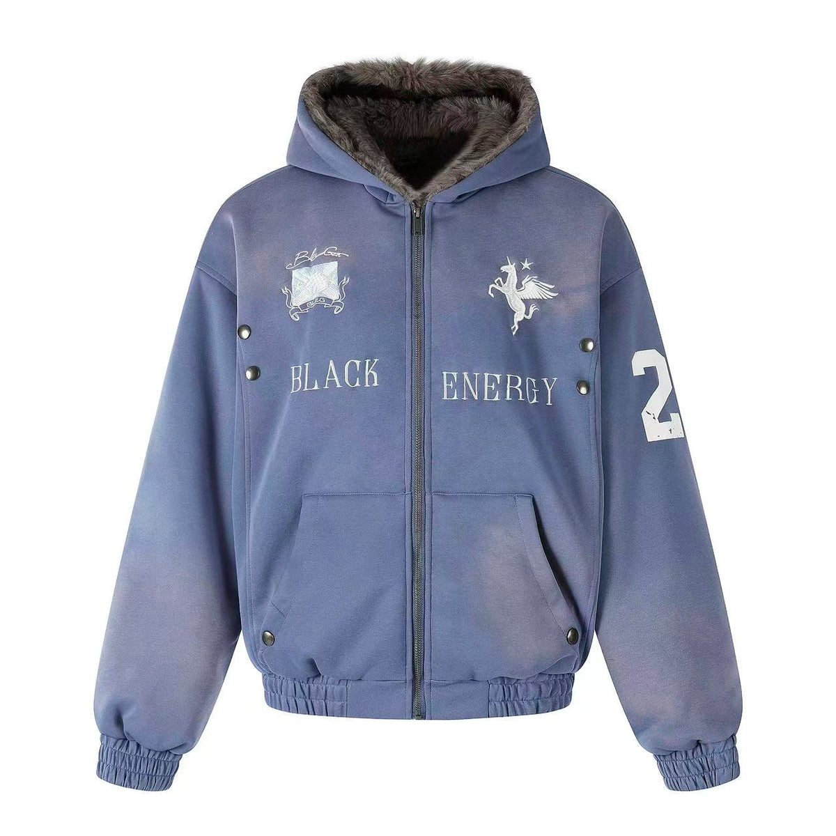 Vintage Distressed Pegasus Graphic Faux Fur Lined Zip Up Hooded Jacket