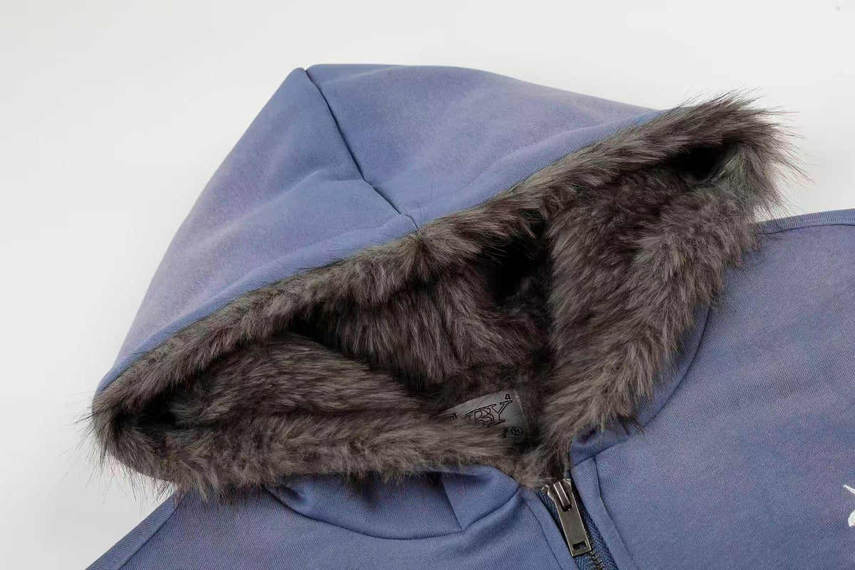 Vintage Distressed Pegasus Graphic Faux Fur Lined Zip Up Hooded Jacket