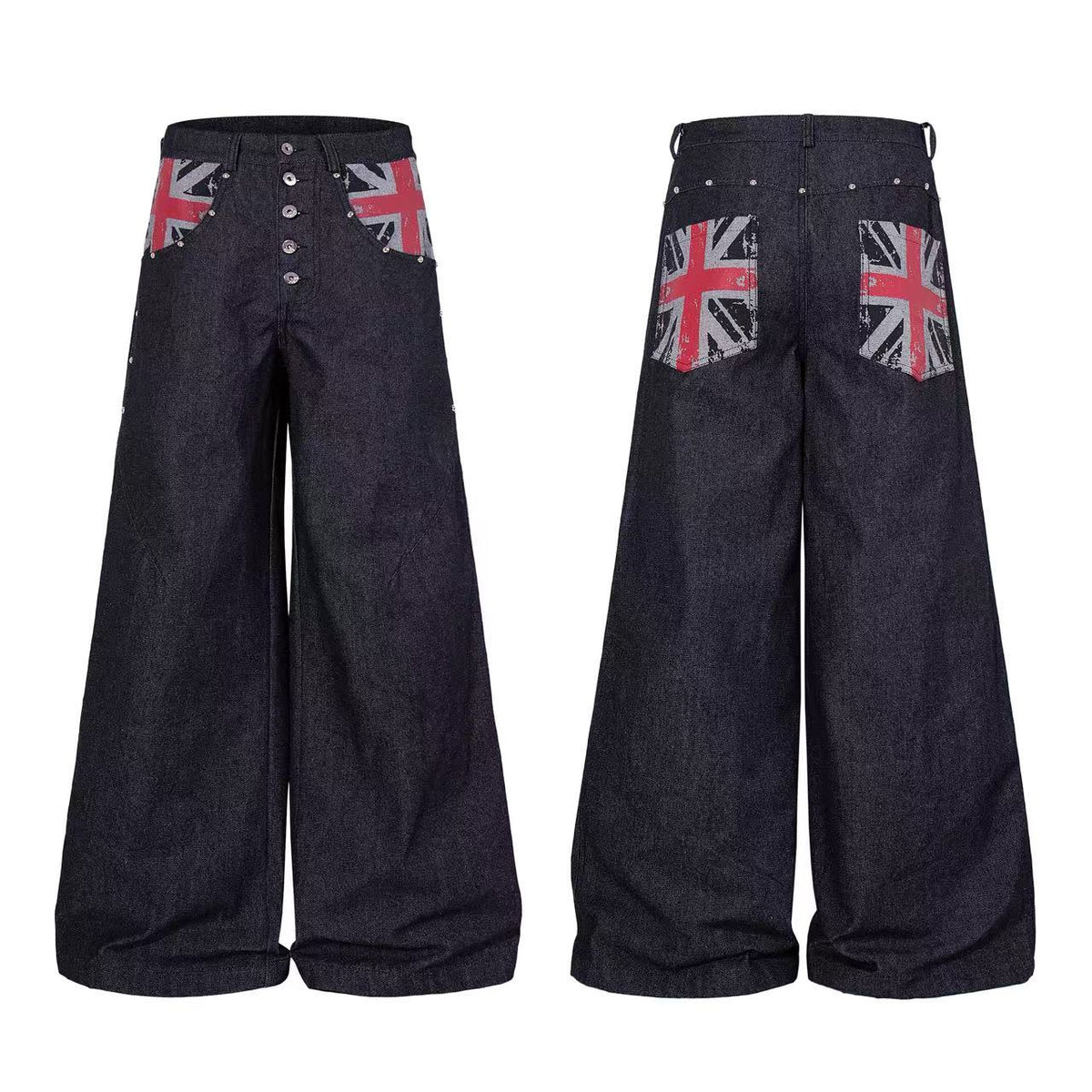 Vintage Union Jack Print Rivet Wide Leg Jeans