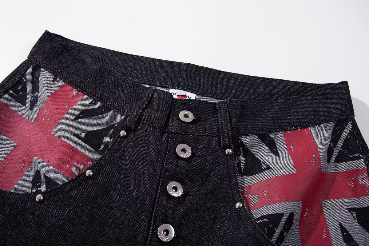 Vintage Union Jack Print Rivet Wide Leg Jeans