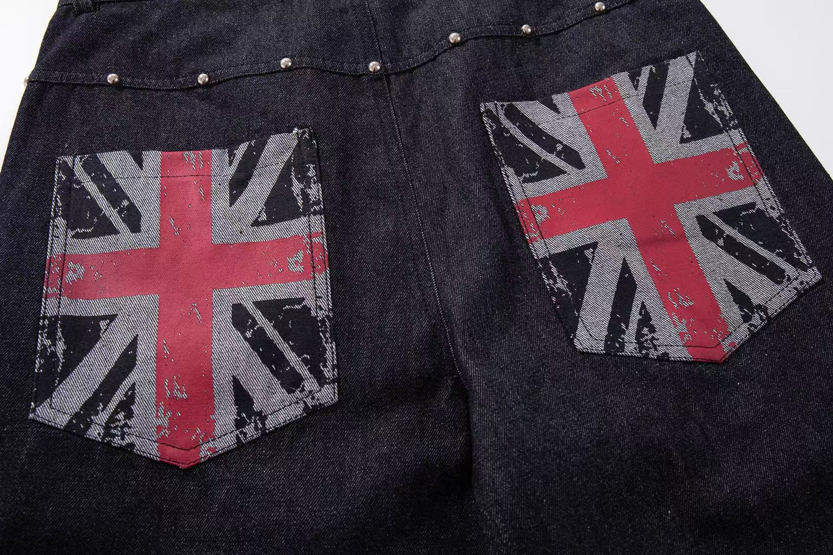 Vintage Union Jack Print Rivet Wide Leg Jeans