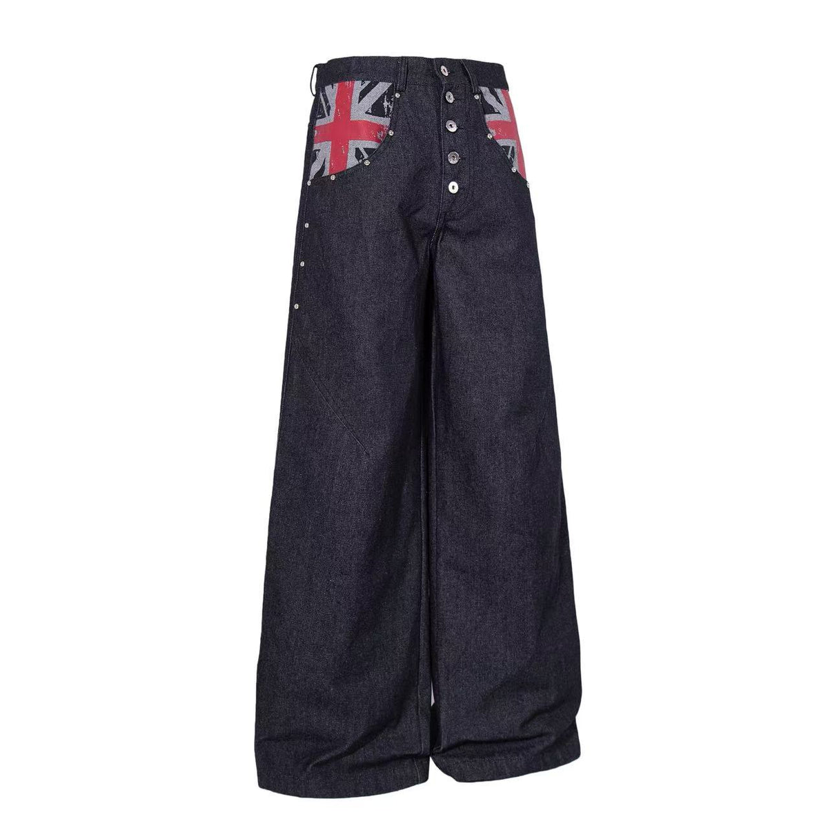 Vintage Union Jack Print Rivet Wide Leg Jeans