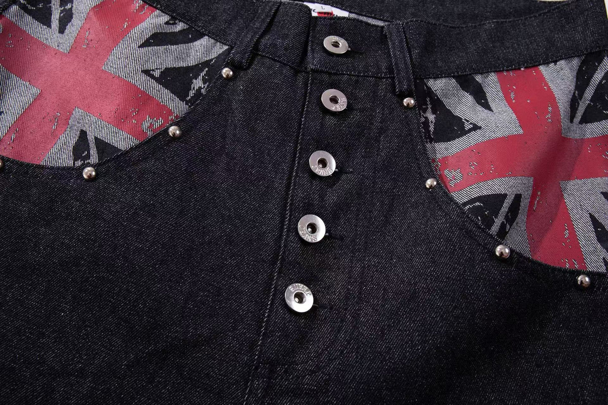 Vintage Union Jack Print Rivet Wide Leg Jeans