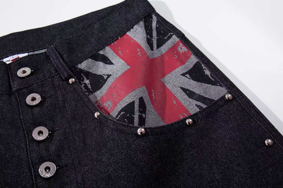 Vintage Union Jack Print Rivet Wide Leg Jeans