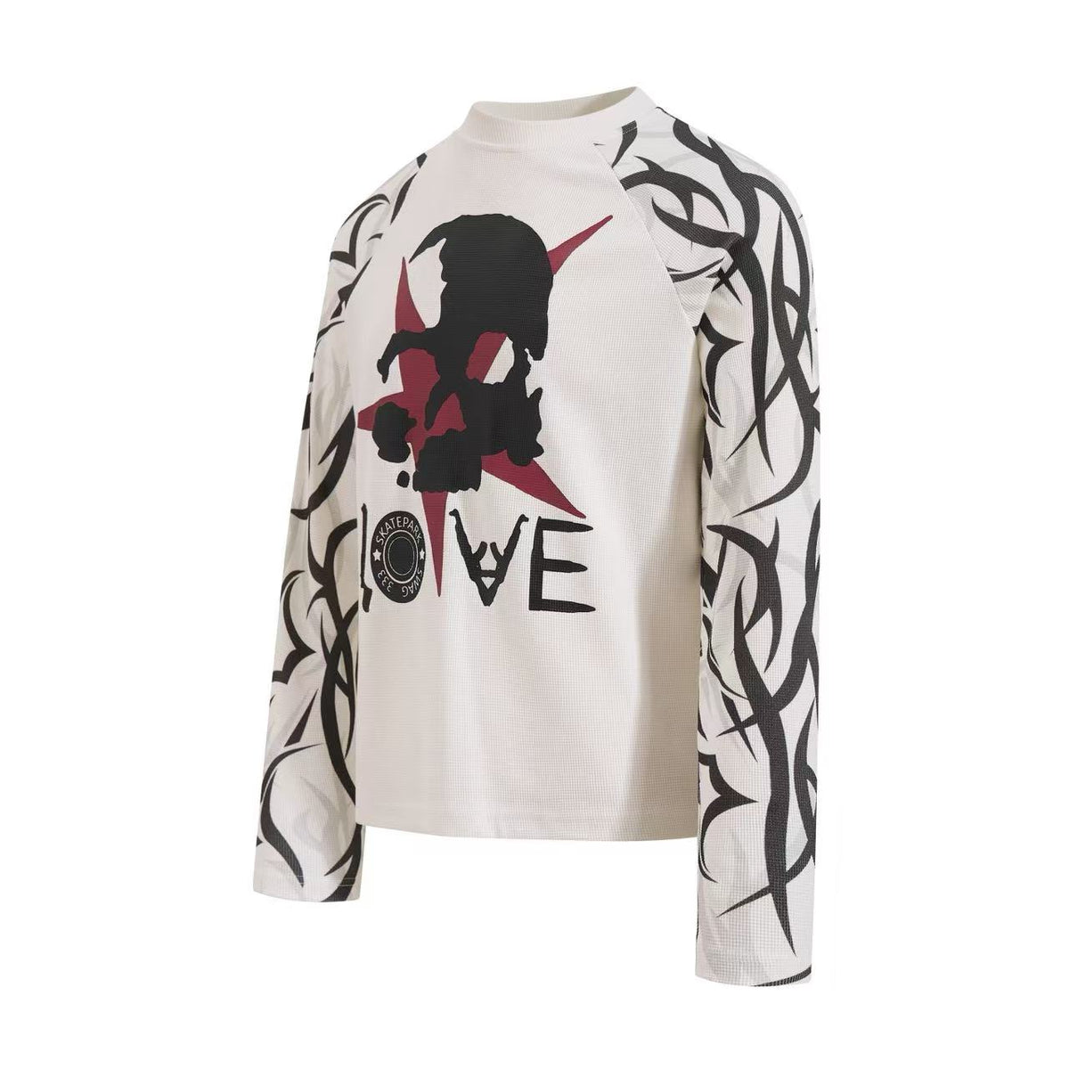 Skull Tribal Tattoo Print Raglan Waffle Knit Long Sleeve