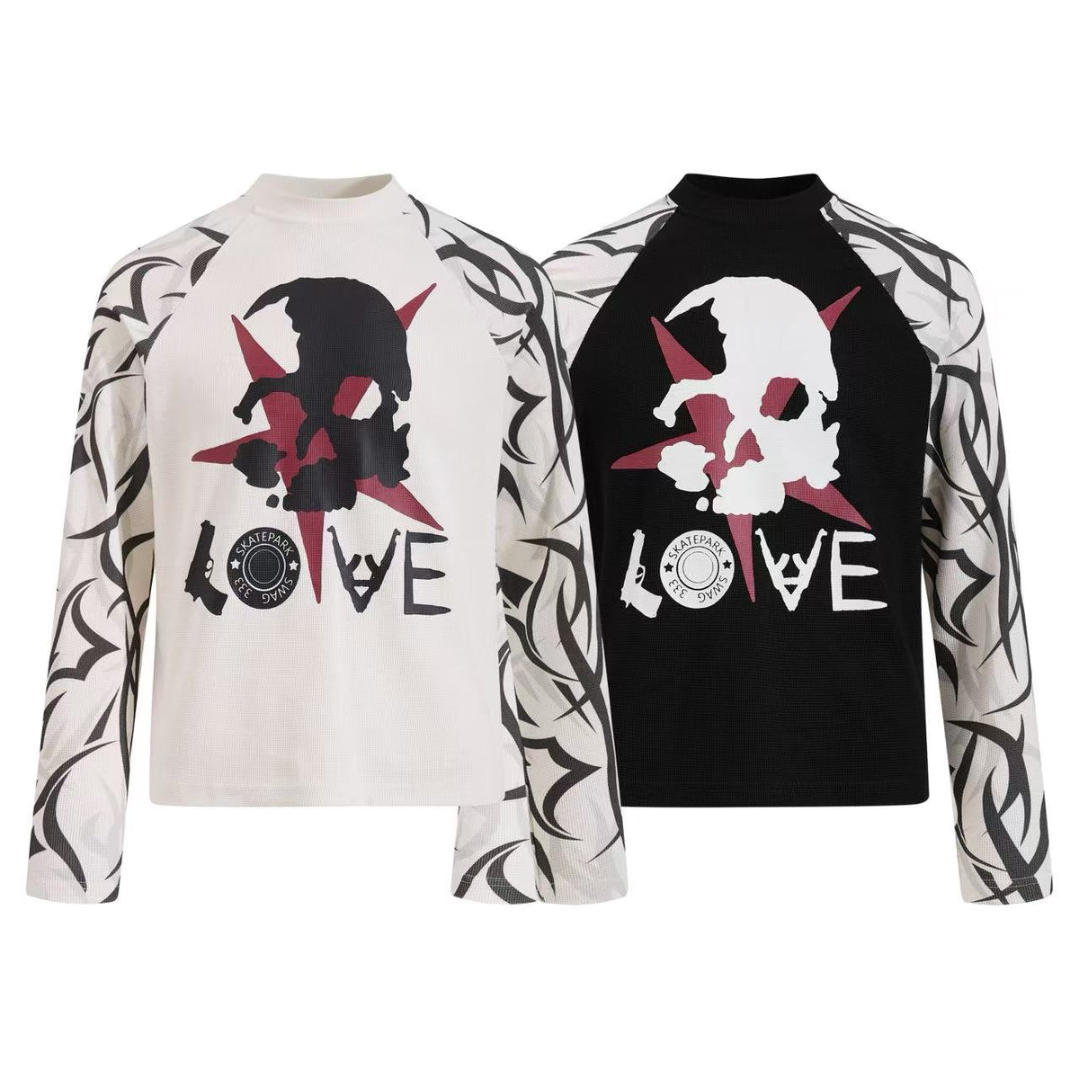 Skull Tribal Tattoo Print Raglan Waffle Knit Long Sleeve