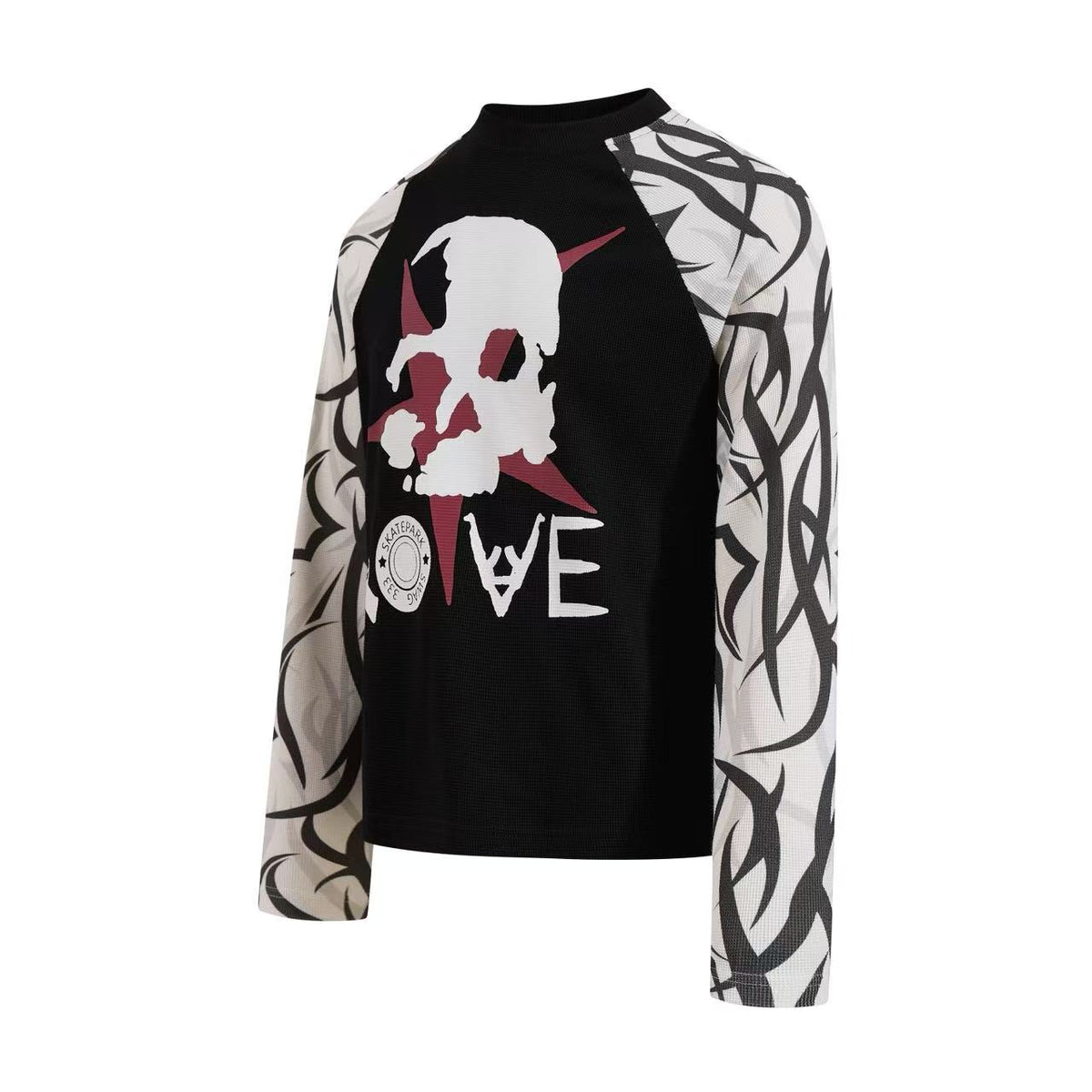 Skull Tribal Tattoo Print Raglan Waffle Knit Long Sleeve