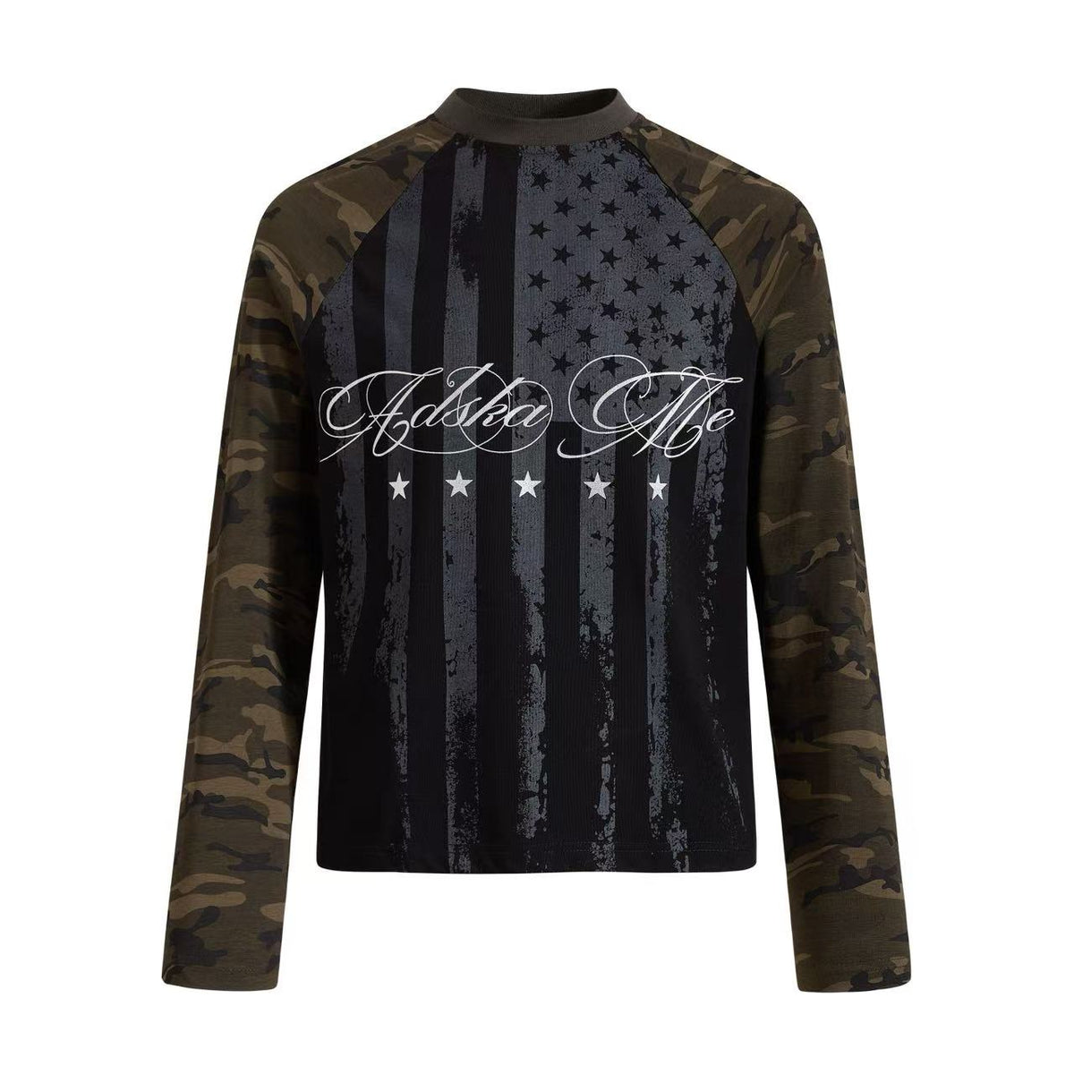 Distressed American Flag Camo Raglan Mock Neck Long Sleeve