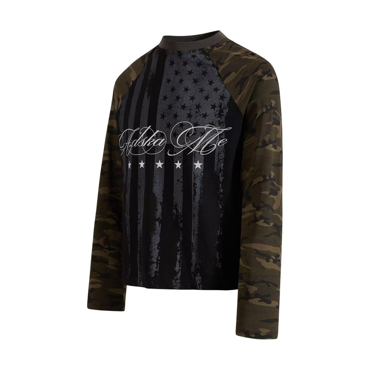 Distressed American Flag Camo Raglan Mock Neck Long Sleeve