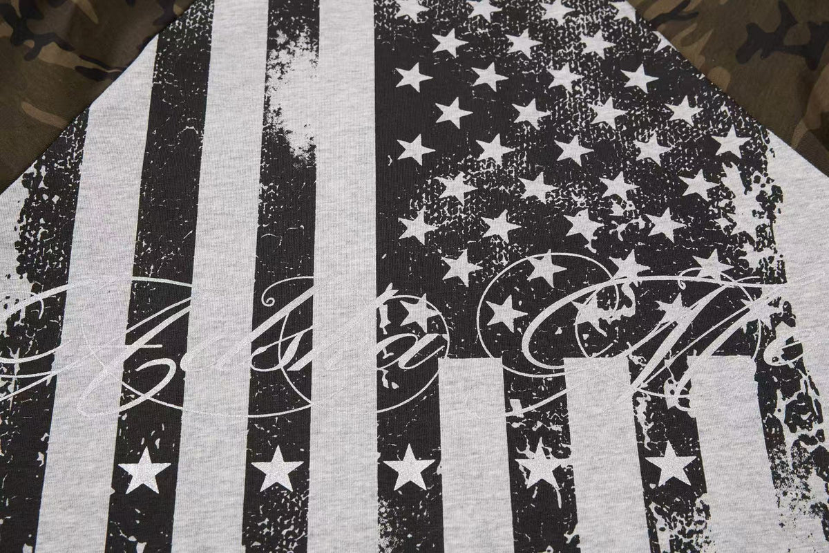 Distressed American Flag Camo Raglan Mock Neck Long Sleeve