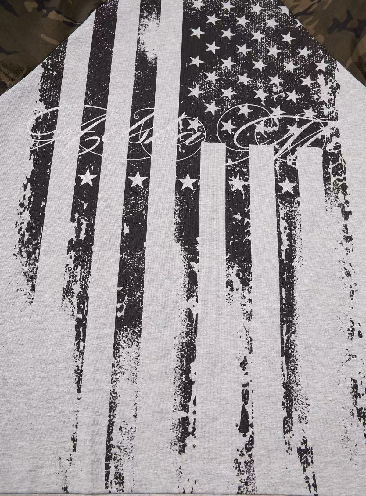 Distressed American Flag Camo Raglan Mock Neck Long Sleeve
