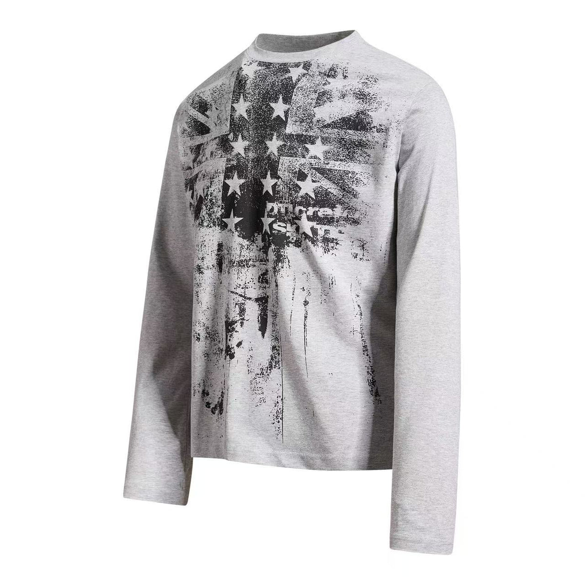 Vintage Distressed Union Jack Star Print Mock Neck Long Sleeve