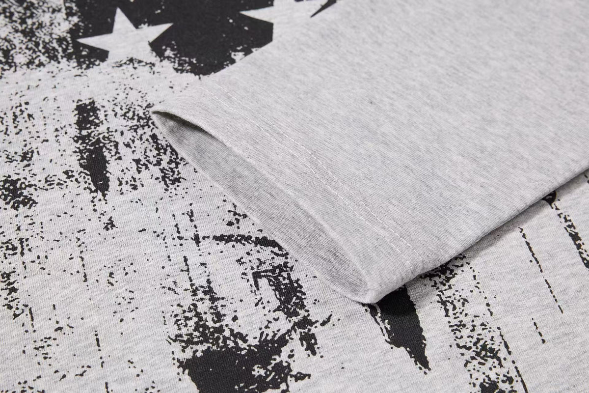 Vintage Distressed Union Jack Star Print Mock Neck Long Sleeve