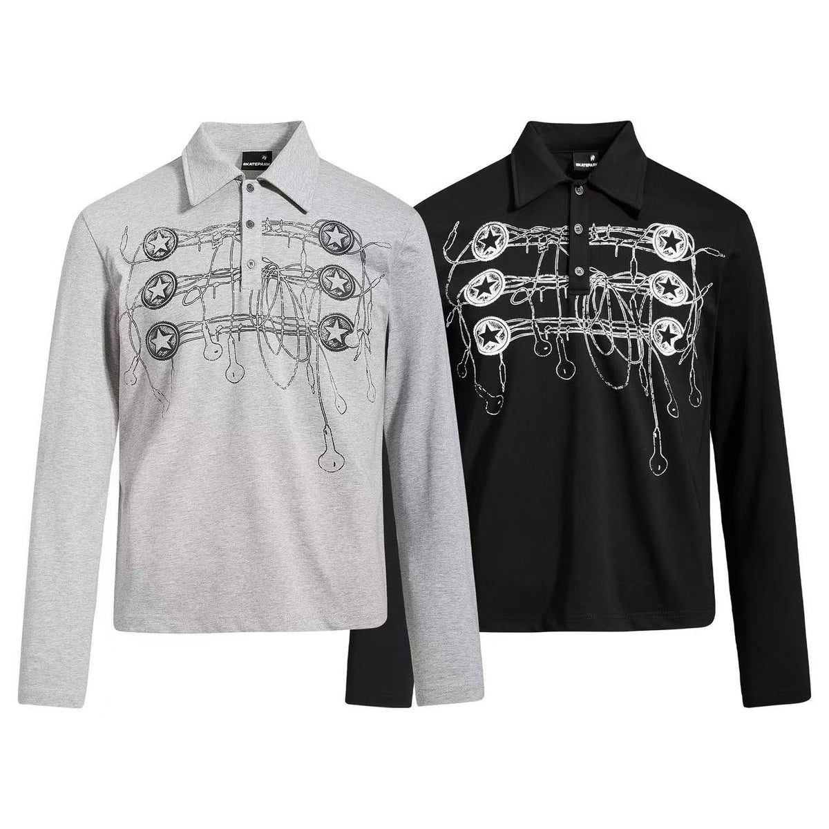 Barbed Wire Star Graphic Long Sleeve Polo Shirt