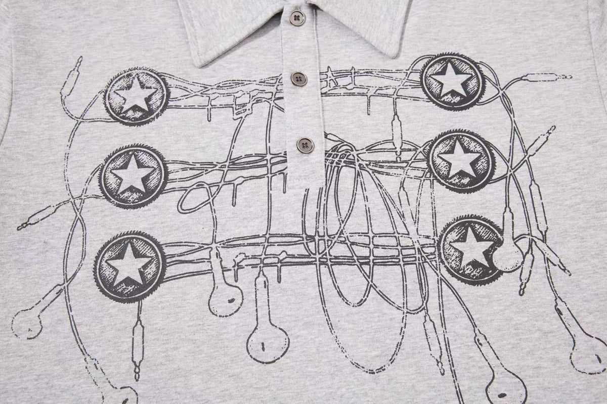 Barbed Wire Star Graphic Long Sleeve Polo Shirt