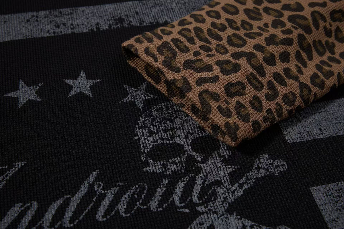 Leopard Raglan Skull Flag Print Mock Neck Waffle Long Sleeve