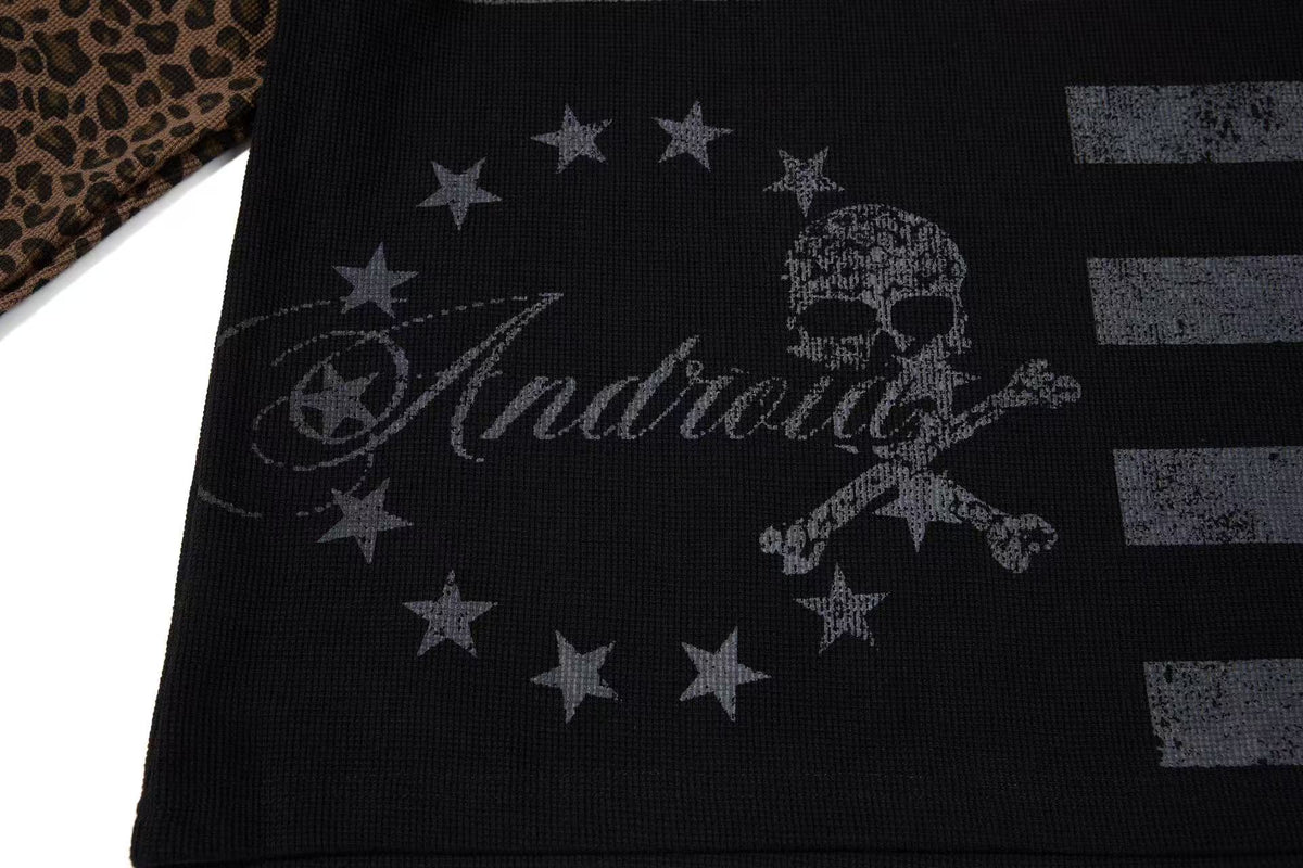 Leopard Raglan Skull Flag Print Mock Neck Waffle Long Sleeve