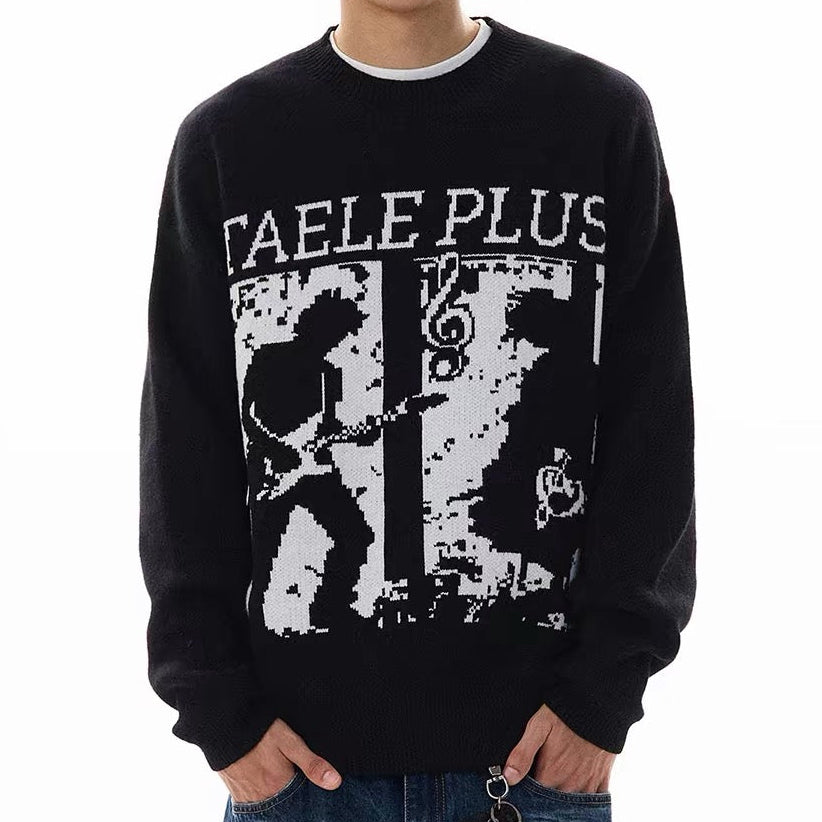 Vintage Rock Guitar Figure Graphic Crew Neck Sweater