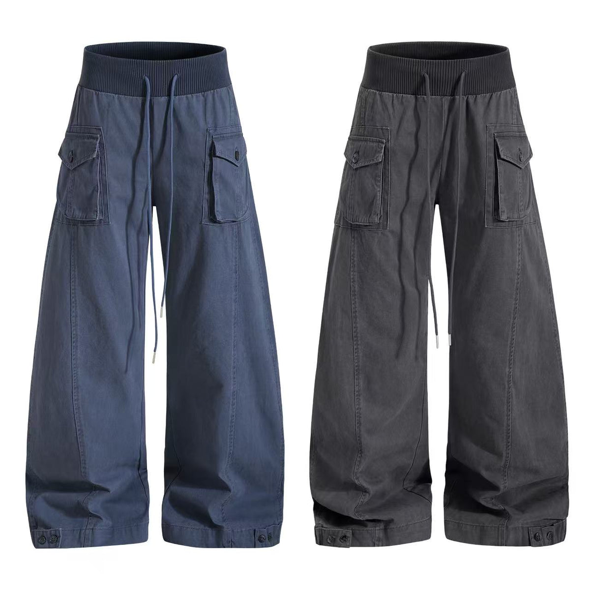 Vintage Ribbed Waistband Wide Leg Cargo Pants