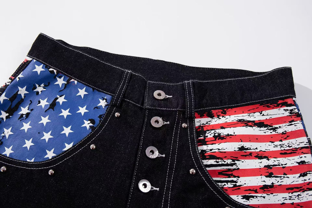 Vintage American Flag Patchwork Rivet Wide Leg Jeans