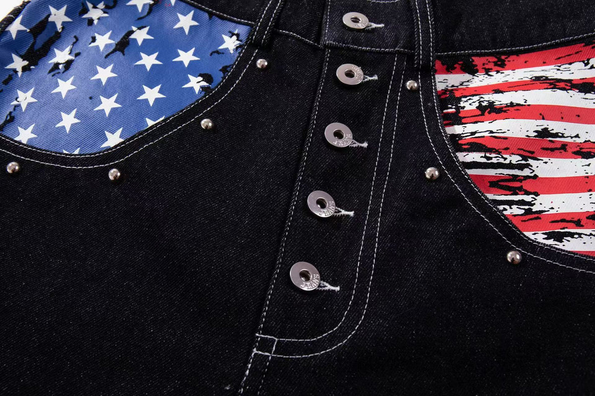 Vintage American Flag Patchwork Rivet Wide Leg Jeans