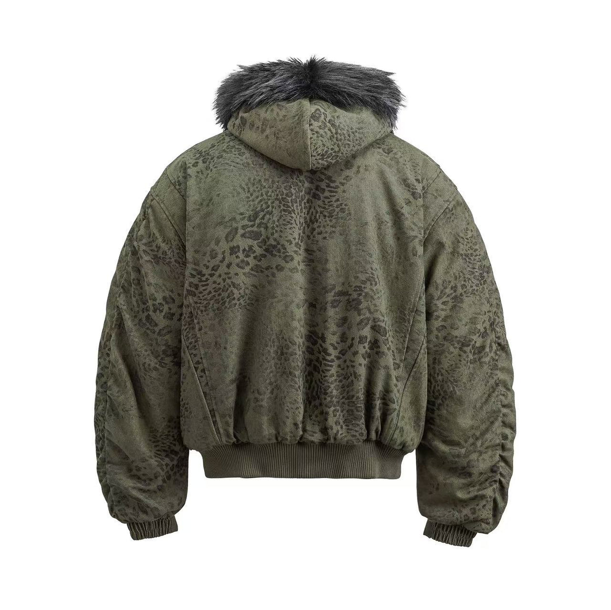 Leopard Print Faux Fur Collar Double Zip Bomber Jacket