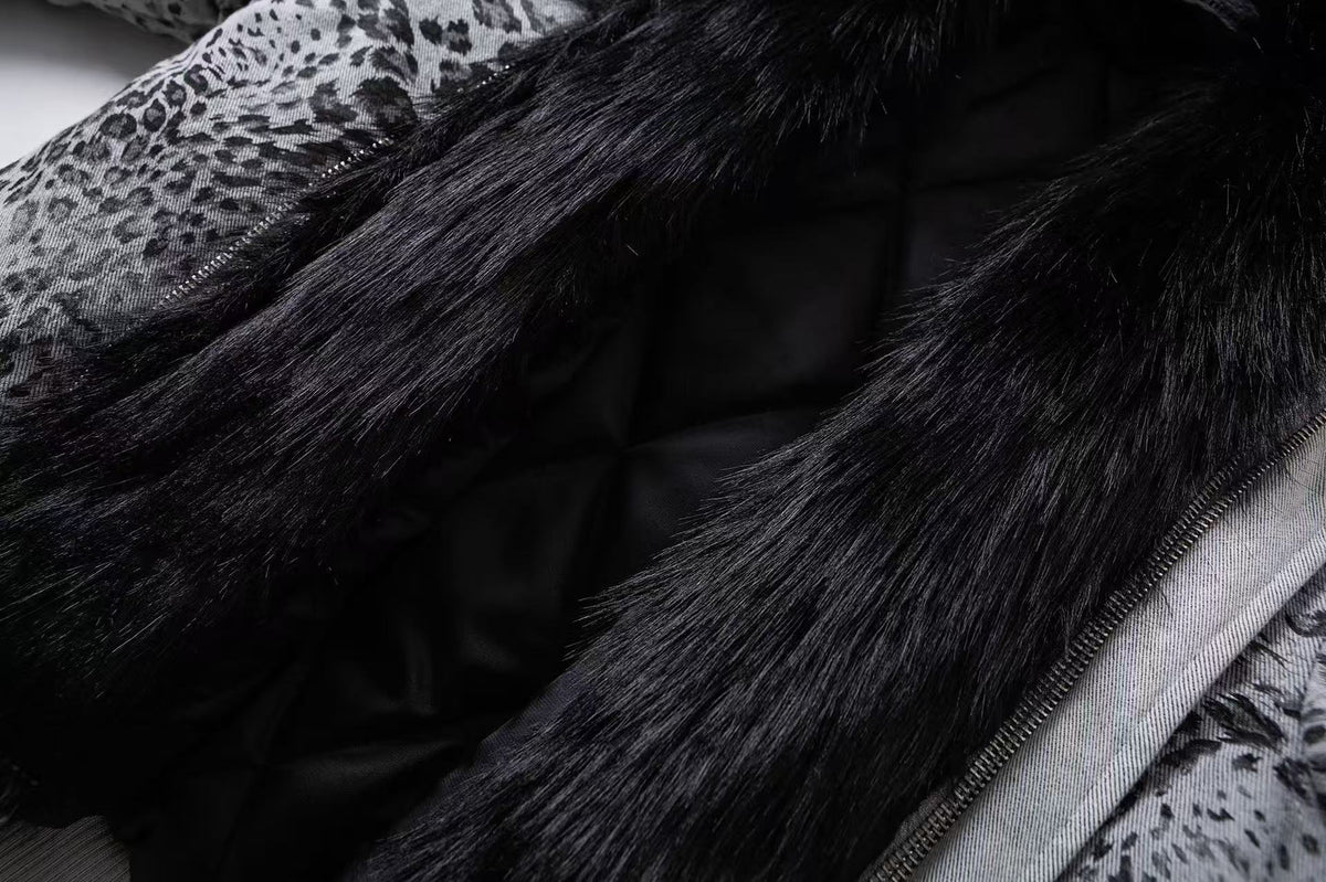 Leopard Print Faux Fur Collar Double Zip Bomber Jacket