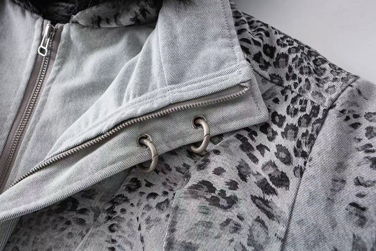 Leopard Print Faux Fur Collar Double Zip Bomber Jacket