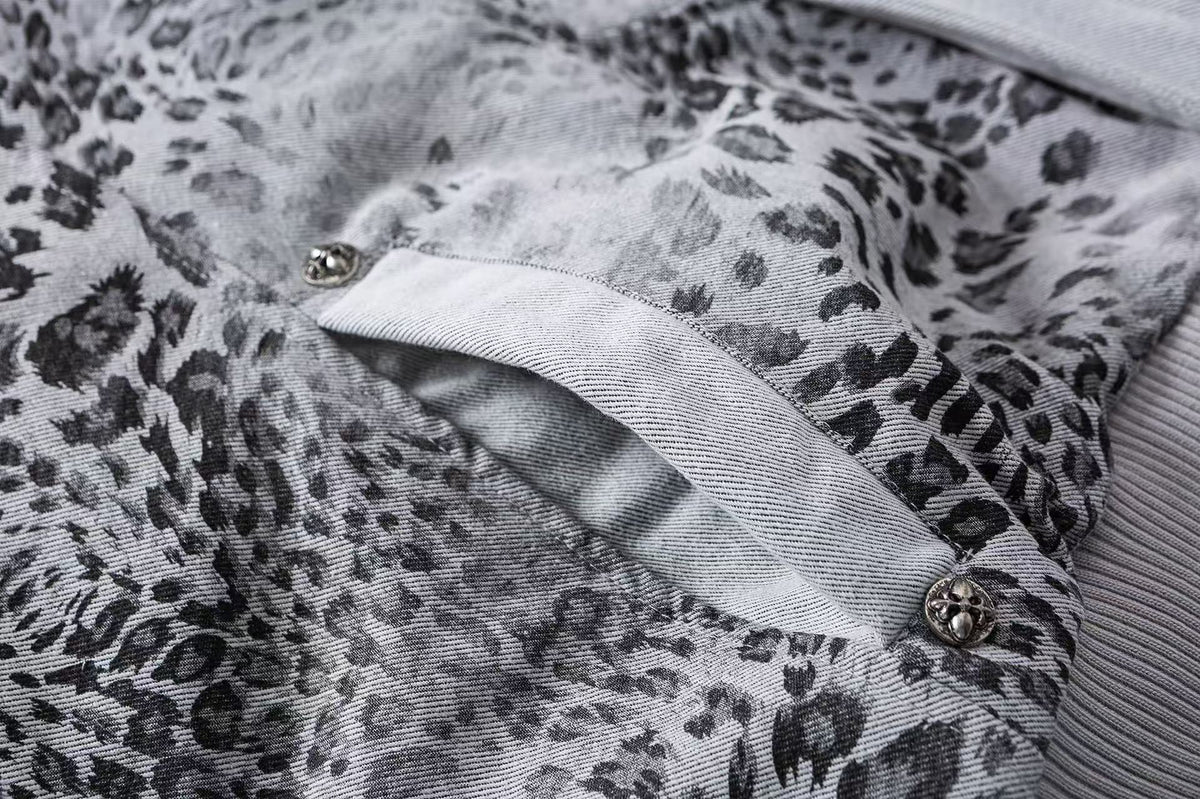 Leopard Print Faux Fur Collar Double Zip Bomber Jacket