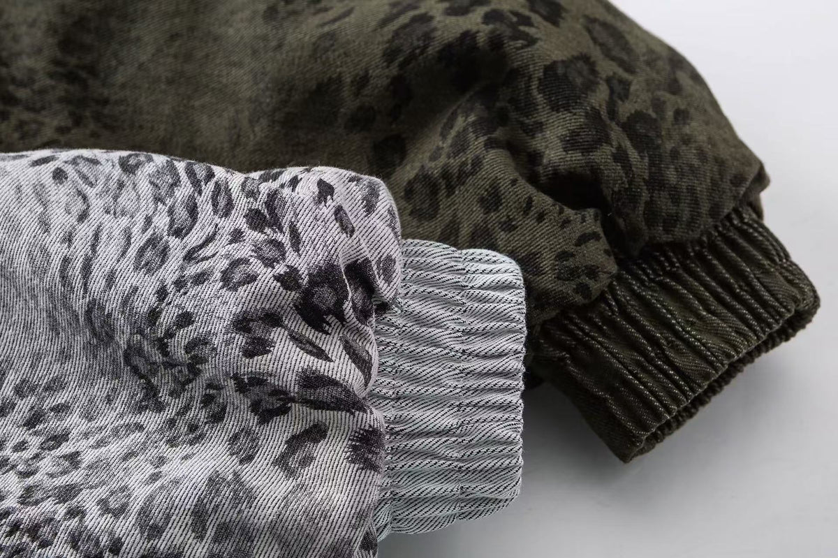 Leopard Print Faux Fur Collar Double Zip Bomber Jacket