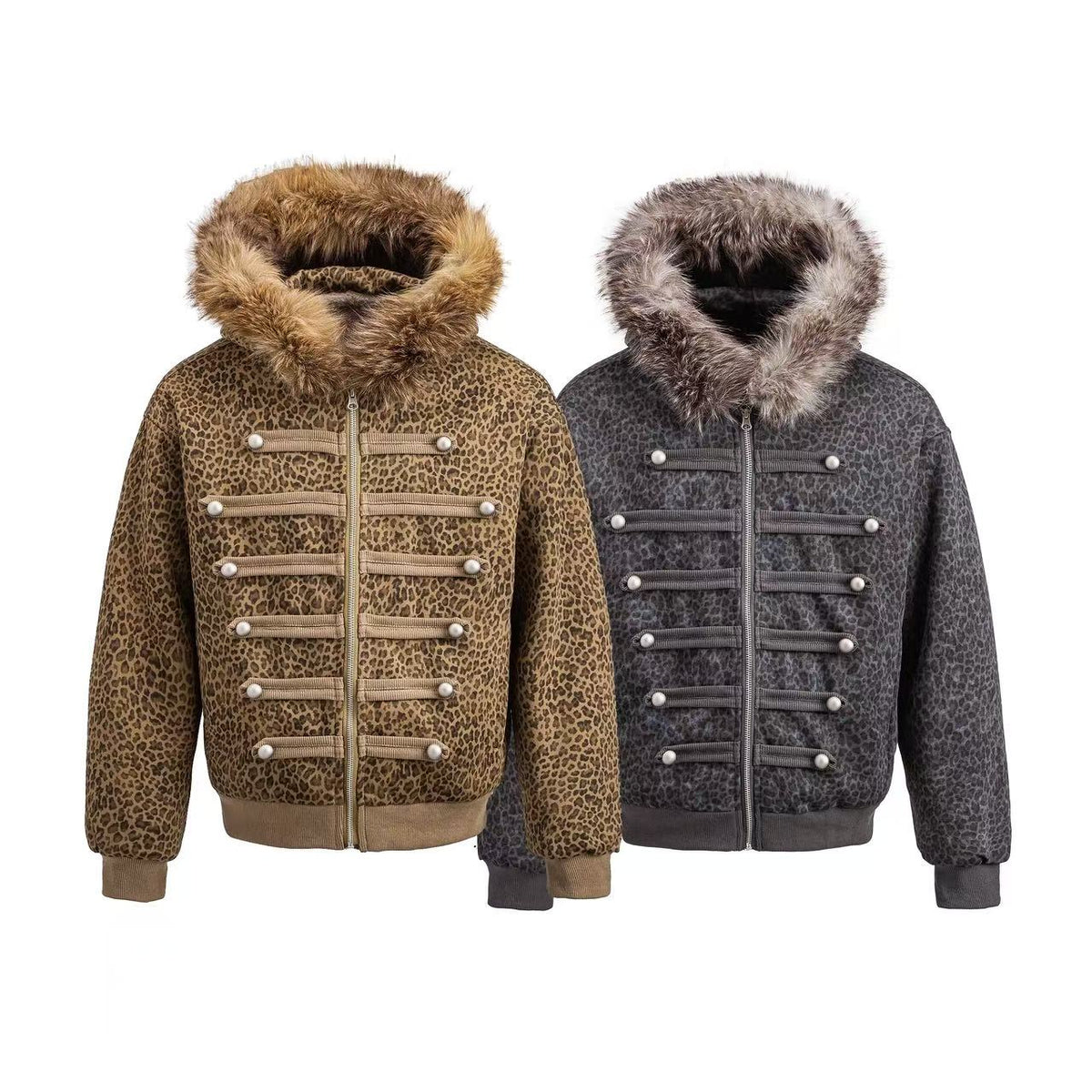 Faux Fur Hood Leopard Print Military Decorative Strap Zip Up Bomber Jacket