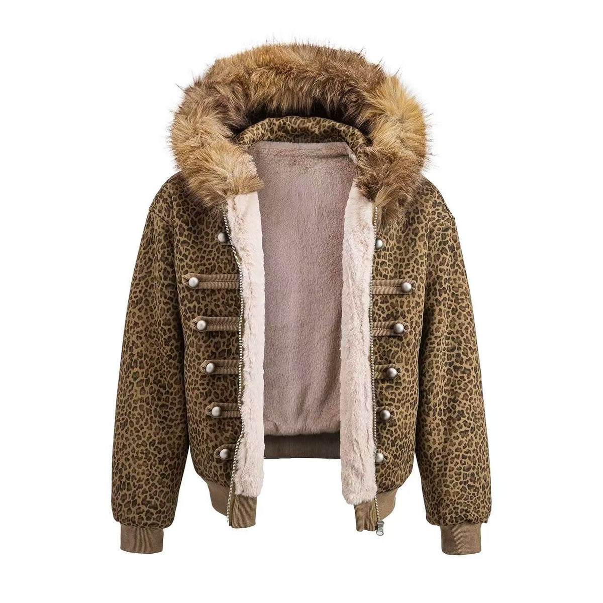 Faux Fur Hood Leopard Print Military Decorative Strap Zip Up Bomber Jacket