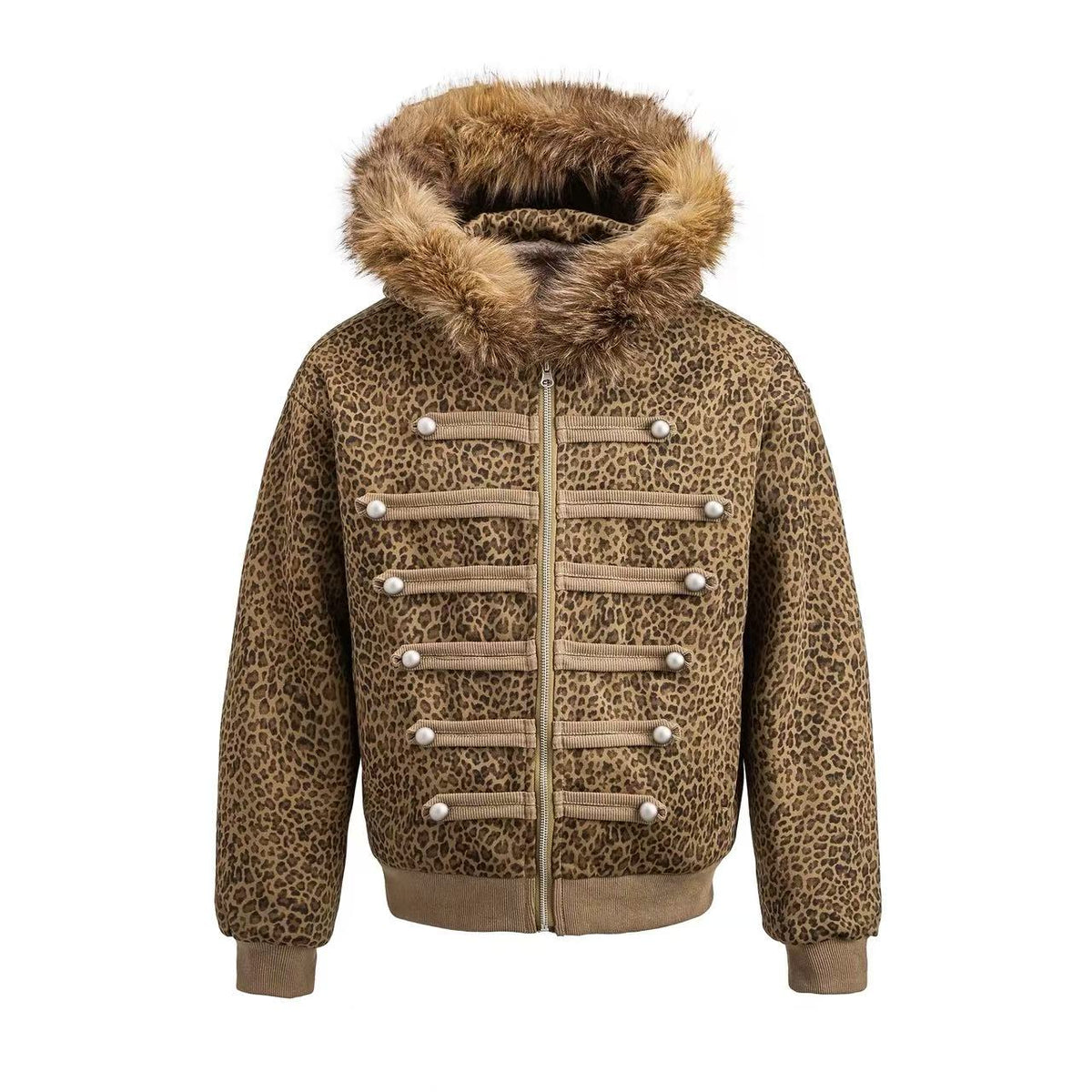Faux Fur Hood Leopard Print Military Decorative Strap Zip Up Bomber Jacket