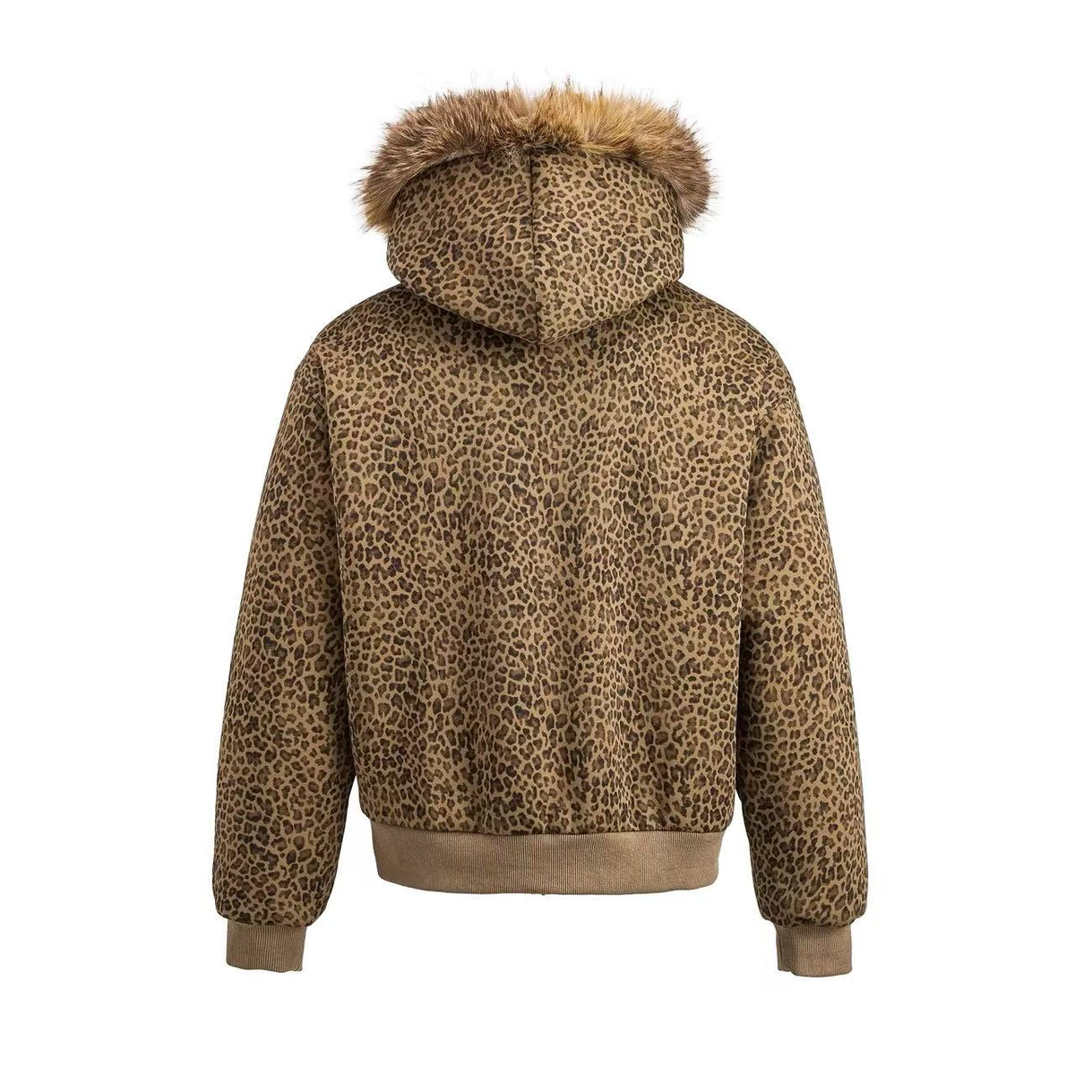 Faux Fur Hood Leopard Print Military Decorative Strap Zip Up Bomber Jacket