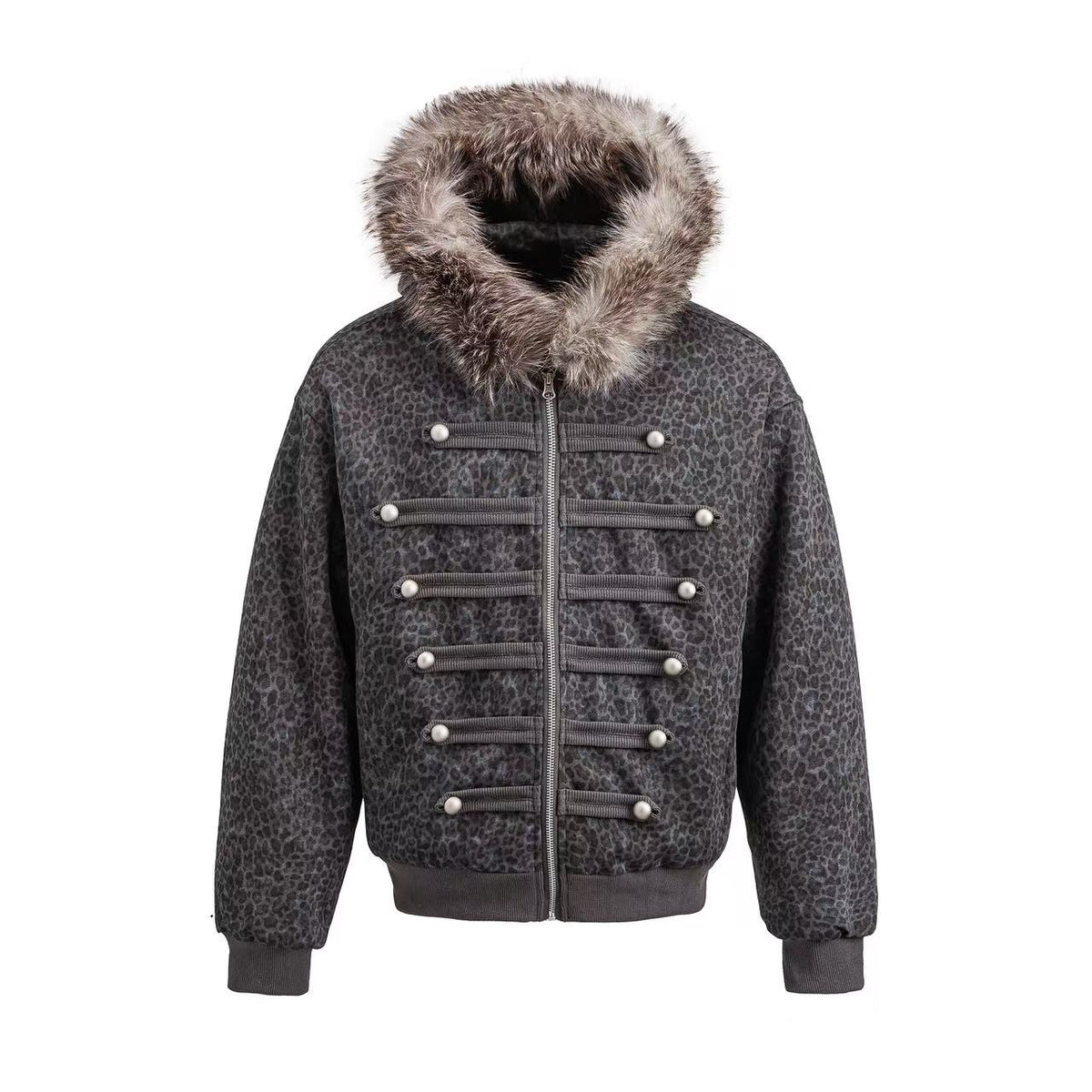Faux Fur Hood Leopard Print Military Decorative Strap Zip Up Bomber Jacket